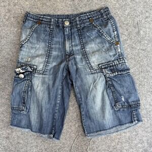 True Religion Cargo Shorts Mens 33 Blue Denim Distressed Raw Hem Utility Pockets